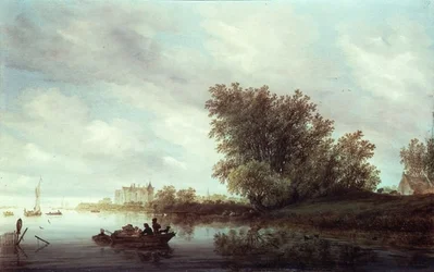 Skogbevuxen flodlandskap med ett slott (olja på panel)