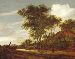 Skogbevuxet landskap med barn som leker på vägen vid en stuga, 1658