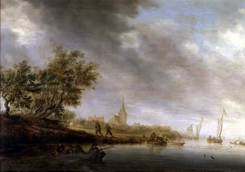 Skogbevuxen flodlandskap med pråmar