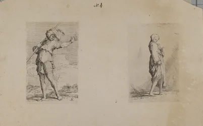 (Figurserie) Stående man med fjäderprydd huvudbonad