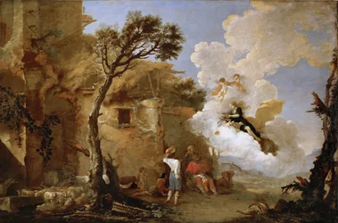 Astree (Astrape) quittant les bergers - The Return of Astraea, av Rosa, Salvatore (1615-1673). Olja på duk, ca 1640-1645. Mått: 139,5x209 cm. Konsthistoriska museet, Vienne