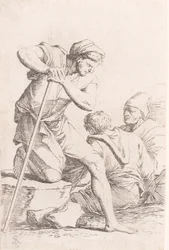 Två män sitter och en annan man som håller en stav på knä på en sten, från serien..., ca. 1656-1657.