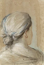 kvinna sedd bakifrån med huvudduk (krita på papper)