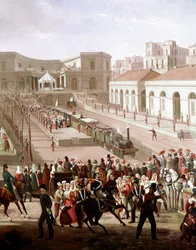 Invigningen av järnvägslinjen mellan Neapel och Portici 1839 i närvaro av kung Ferdinand II. Detalj. Konstnärens levnadsår: 1799-1877. Museo Nazionale di San Martino, Neapel.