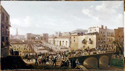 JÄRNVÄG: Invigning av den första Vesuvianska järnvägen, Napoli-Portici. 3 oktober 1839 (olja på duk)