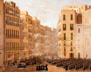 Bourbonarmén ingrep mot upproren i Neapel i maj 1848. Detalj. Konstnärens levnadsår: 1799-1877. Neapel, Museo Nazionale di San Martino.