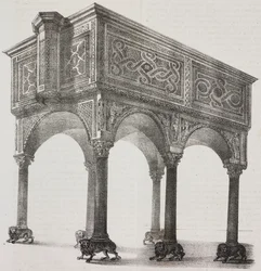Forntida både i Sessa Aurunca-katedralen, Kampanien, Italien, litografi av Salvatore Puglia efter teckning av Pasquale Mattei (1813-1879) från Poliorama Pittoresco, n 43, 31 maj