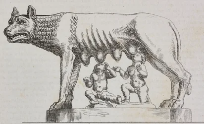 Capitoline she-wolf, bronsstaty, Rom, Lazio, Italien, litografi av Salvatore Puglia från Poliorama Pittoresco, n 25, 25 januari