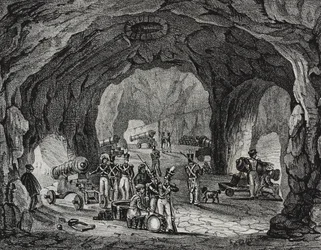 Grotta nära Gibraltarklippan, Spanien, litografi av Salvatore Puglia från Poliorama Pittoresco, n 20, 24 december