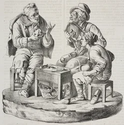 Skomakare i tvister, statyetter av Giacomo Bongiovanni och Giuseppe Vaccaro, litografi av Salvatore Puglia från Poliorama Pittoresco, n 32, 18 mars