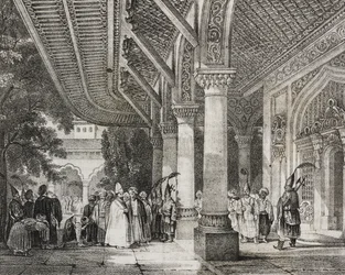Entréhallen i Serraglio, Turkiet, från berättelseharem i öst, litografi från Poliorama Pittoresco, n 12, 28 oktober