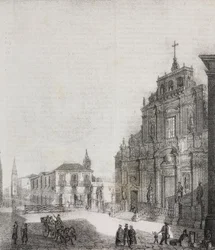 Fasad av basilikan San Sebastiano i Acireale, Sicilien, Italien, litografi av Salvatore Puglia från Poliorama Pittoresco, n 39, 3 maj