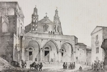 Fasad av katedralen i Sessa Aurunca, Campania, Italien, litografi av Salvatore Puglia efter teckning av Pasquale Mattei (1813-1879) från Poliorama Pittoresco, n 42, 24 maj
