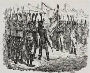 Flagga för 84:e regementet, litografi av Salvatore Puglia från från History of Napoleon av Cesare Malpica (1804-1848), från Poliorama Pittoresco, n 16, 25 november