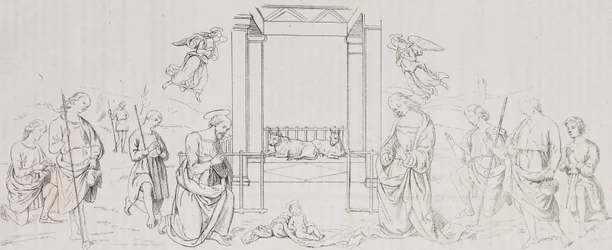 Fontignano Nativity, Adoration of Shepherds, litografi av Salvatore Puglia efter målning av Pietro Perugino (cirka 1450-1523) från Poliorama Pittoresco, n 42, 24 maj