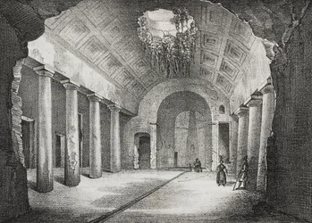 Hall i en gammal villa av Prince of Caposele i Formia, Lazio, Italien, litografi av Salvatore Puglia från Poliorama Pittoresco, n 23, 11 januari