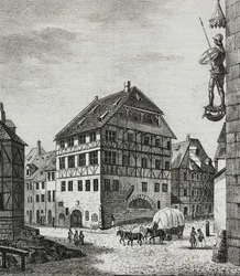 House of Albrecht Durer (1471-1528) i Nürnberg, Tyskland, litografi av Salvatore Puglia från Poliorama Pittoresco, n 31, 12 mars