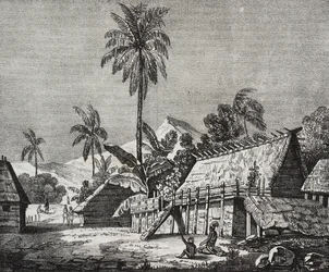 House of Queen of Noukahiva Island (idag Nuku Hiva), Marquesas Islands, Franska Polynesien, litografi av Salvatore Puglia från Poliorama Pittoresco, n 37, april