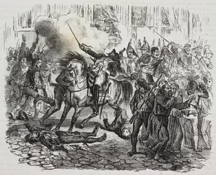 Upproret i Madrid, litografi av Salvatore Puglia från History of Napoleon av Cesare Malpica (1804-1848) från Poliorama Pittoresco, n 47, 1 juli