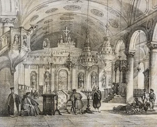 Interiör av den grekiska kyrkan Baloukli, nära Konstantinopel, Turkiet, litografi av Salvatore Puglia från Poliorama Pittoresco, n 28, 15 februari