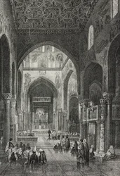 Interiör av Palatine Chapel i Palazzo dei Normanni eller Royal Palace i Palermo, Sicilien, Italien, litografi av Salvatore Puglia från Poliorama Pittoresco, n 41, 21 maj