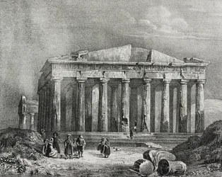 Parthenon, Akropolis i Aten, Grekland, litografi av Salvatore Puglia från Poliorama Pittoresco, n 32, 19 mars