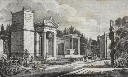 Pere-Lachaise kyrkogård, Paris, Frankrike, litografi av Salvatore Puglia från Poliorama Pittoresco, n 19, 17 december