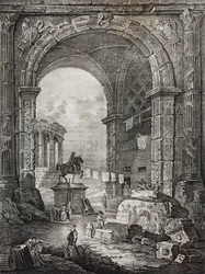 Romerska ruiner, målning av Hubert Robert (1733-1808), litografi av Salvatore Puglia från Poliorama Pittoresco, n 28, 17 februari