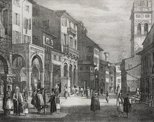 Royal Road, Korfu, Grekland, litografi av Salvatore Puglia från Poliorama Pittoresco, n 23, 11 januari