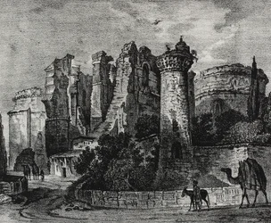Ruinerna av Johanneskyrkan i Pergamon, Turkiet, litografi av Salvatore Puglia från Poliorama Pittoresco, n 13, 5 november