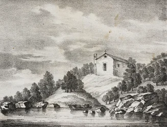 Sanctuary of Peschici, Apulien, Italien, litografi av Salvatore Puglia från Poliorama Pittoresco, n 51, 27 juli