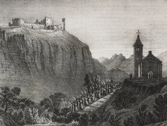 Resa till Cappelluccia, scen för Magic Lantern, samling berättelser och bilder, litografi av Salvatore Puglia från Poliorama Pittoresco, n 41, 17 maj