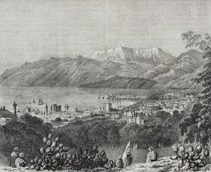 Utsikt över Beirut och Mount Libanon, Libanon, litografi av Salvatore Puglia från Poliorama Pittoresco, n 8, 1 oktober
