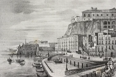 Utsikt över Borgo Santa Lucia, Neapel, Kampanien, Italien, litografi av Salvatore Puglia från Poliorama Pittoresco, n 36, 15 april