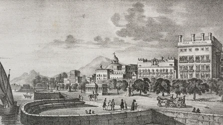 Utsikt över Bourbon-forumet och hotellet Trinacria, Palermo, Sicilien, Italien, litografi av Salvatore Puglia efter gravyr av Di Giovanni från Poliorama Pittoresco, nr 37, 19 april