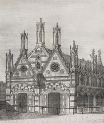 Utsikt över kyrkan Santa Maria della Spina i Pisa, Toscana, Italien, litografi av Salvatore Puglia från Poliorama Pittoresco, n 34, 29 mars