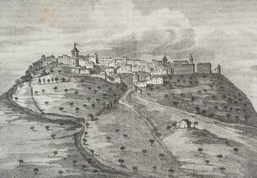 Utsikt över Montefuscolo, idag Montefusco, Kampanien, Italien, litografi av Salvatore Puglia från Poliorama Pittoresco, n 41, 20 maj