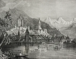 Utsikt över Thun, kantonen Bern, Schweiz, litografi av Salvatore Puglia från Poliorama Pittoresco, n 35, 9 april