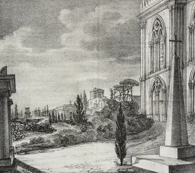 Utsikt över kyrkogården från gotiskt kloster, Neapel, Kampanien, Italien, litografi av Salvatore Puglia från Poliorama Pittoresco, n 34, 1 april