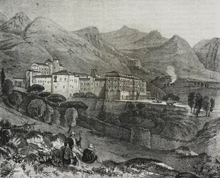 Utsikt över klostret San Martino delle Scale nära Palermo, Sicilien, Italien, litografi av Salvatore Puglia från Poliorama Pittoresco, n 47, 2 juli
