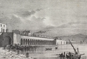 Vy över järnvägen vid Torre Annunziata, Kampanien, Italien, litografi av Gaetano Riccio från Poliorama Pittoresco, n 21, 31 december