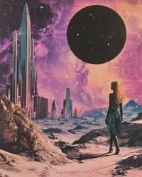 Kvinnan i det kosmiska stadslandskapet