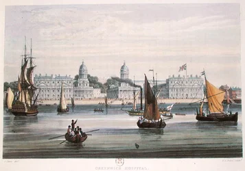 Greenwich Hospital, graverat av R.G. Reeve (fl.1811-37) 1828 (färggrafit)