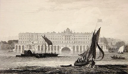 Vy över Somerset House från Themsen, graverad av W.B. Cooke (1778-1855) 1814 (gravyr)