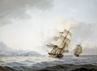 Fartygen Resolution och Discovery utanför Tahitis kust under kapten James Cooks (1728-1779) tredje resa (1776-1780)
