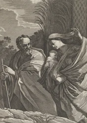 Flygningen till Egypten, jungfrun som bär på spädbarnet Kristus, Josef pekar på..., ca. 1635-57.