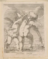 Två putti som bråkar över en palmgren Discordia Concors (titel på objekt) Olika mönster (serietitel) Opera Varia Historica, Poetica & Iconologica (serietitel)