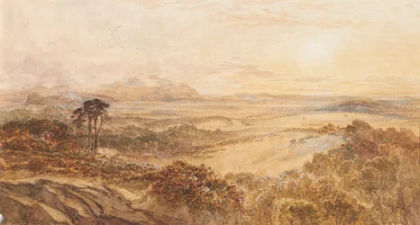 Solnedgång blickar mot Edinburgh från nordväst (akvarell)