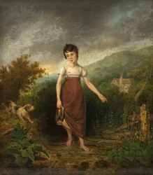 A Girl Crossing a Stream (olja på panel)