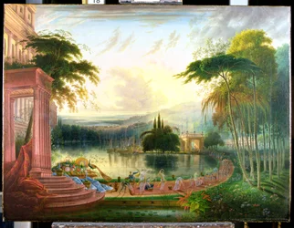 Ett romantiskt landskap med drottningen av Sabas ankomst, ca 1830 (olja på duk)